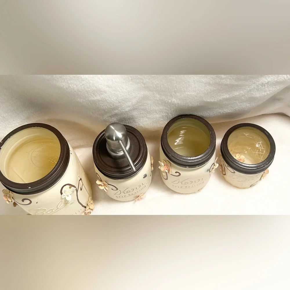 Rustic Farmhouse Mason Ball Kerr Jar 4 Pc Bathroom Set Ivory Chalk Paint